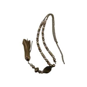 LONG Tassel necklace pearls, gold accents, and a brown stone pendant